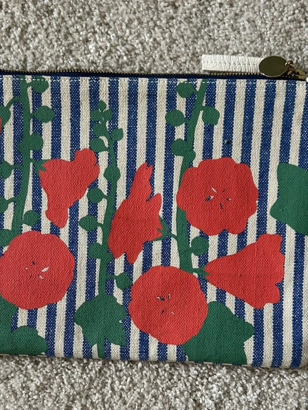 Clare V Orange Red Flower Accents Blue & White Stripe Canvas Pouch Clutch 8”X12” - Picture 6 of 6